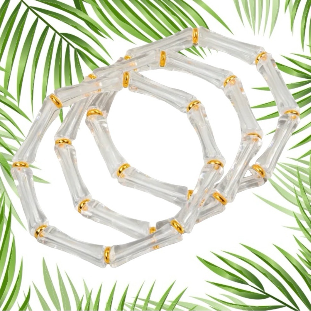Set of 3 retro tiki bamboo look stretch bracelets in cool clear and gold